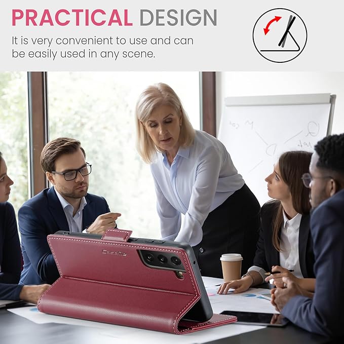 AUPAI for Samsung Galaxy S21 FE Wallet Case with Credit Card Holder, PU Leather RFID Blocking Folio Flip Kickstand Magnetic Clasp Protective Phone Cover for Women Men Wine Red