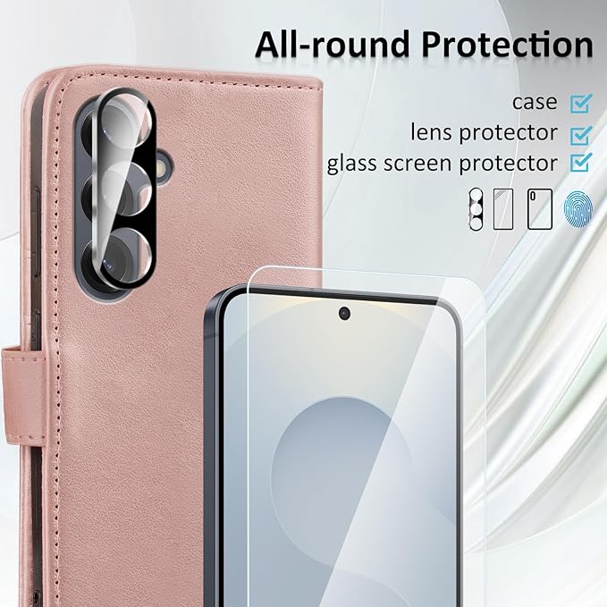 MONASAY Wallet Case Fit for Samsung Galaxy S25 5G, [Lens & Glass Screen Protector Included] [RFID Blocking] Flip Folio Leather Cell Phone Cover with Credit Card Holder, 6.2 inch, Rosegold