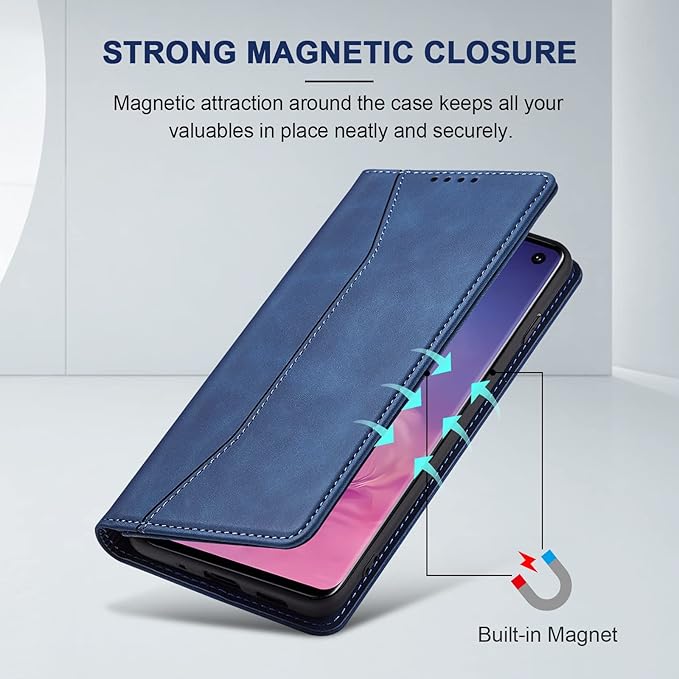Jasonyu Flip Wallet Case for Samsung Galaxy S10,Leather Magnetic Folio Cover with Card Holder,Kickstand - TPU Shockproof Durable Protective Phone Case,Blue