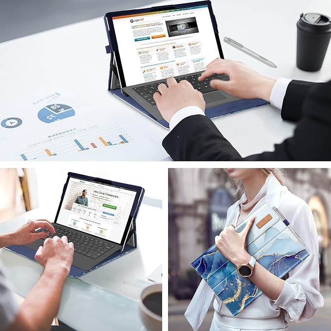 Fintie Case for 12.3 Inch Microsoft Surface Pro 7 Plus, Surface Pro 7/6/5/4/3 - Portfolio Business Cover with Pocket, Compatible with Type Cover Keyboard, Ocean Marble