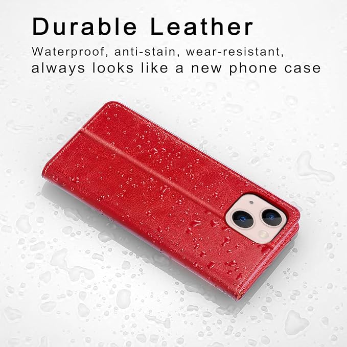 Belemay Compatible with iPhone 14 Plus Wallet Case-Genuine Leather Flip Phone Case-RFID Blocking Card Holders-Shockproof TPU Shell Folio Cover Women Men Compatible with iPhone 14 Plus (6.7-inch) Red