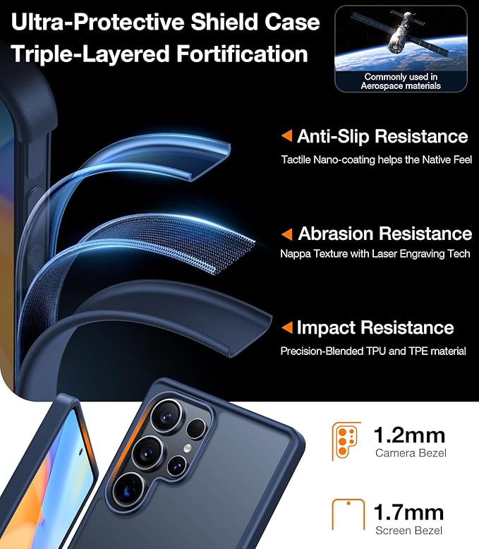 TORRAS Shockproof for Samsung Galaxy S25 Ultra Case, 12FT Military-Grade Protection, Slim Case for Samsung S25 Ultra Case, Matte Translucent Blue, Thin, Guardian Series