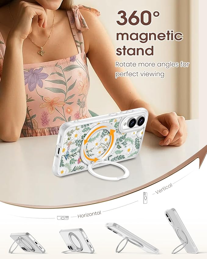 for Samsung Galaxy S25 Edge Case with 360° Rotatable Magnetic Ring - Compatible with MagSafe, Semi-Transparent Soft-Touch Material Shockproof, Cute Daisy Flower Design for Women Girl