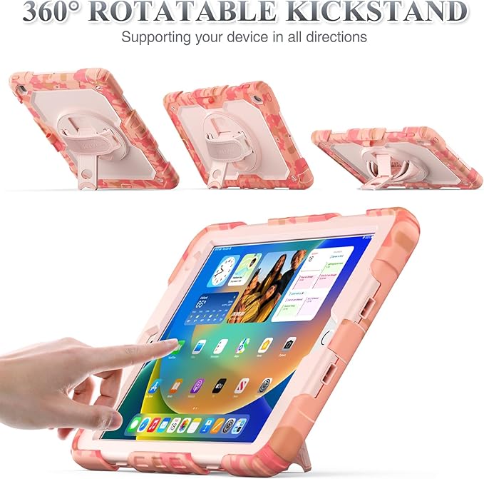 SEYMAC stock Case for iPad 9th/ 8th/ 7th Generation 10.2'', Shockproof with Screen Protector, Pencil Holder [360° Rotating Hand Strap] & Stand, for iPad 10.2 inch 2021-2019 (Pink Camo)