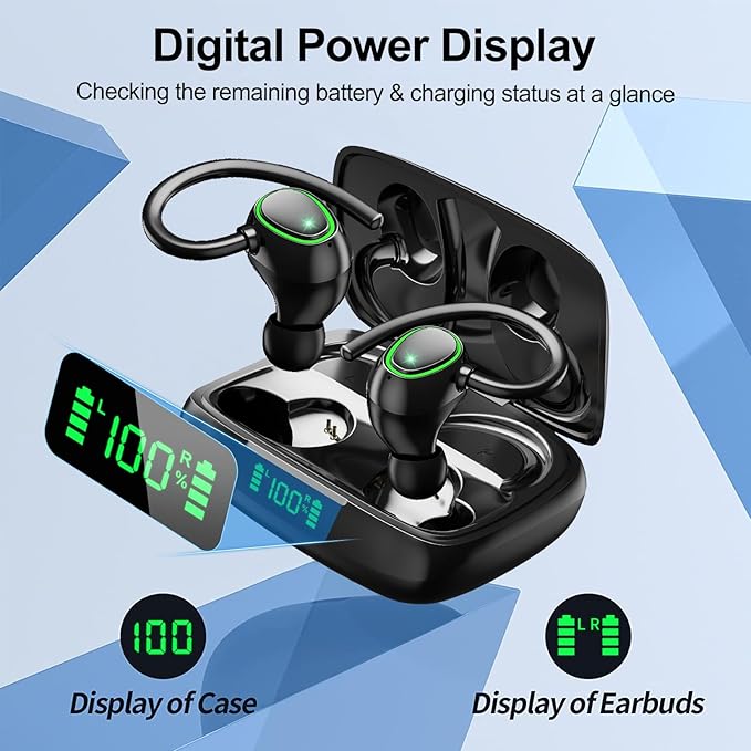 Bluetooth Wireless Headphones Earbuds 60hrs Playback Ear Buds IPX6 Waterproof Stereo Bass Over-Ear Earphones with Earhooks Microphone LED Battery Display for Sports/Workout/Gym/Running