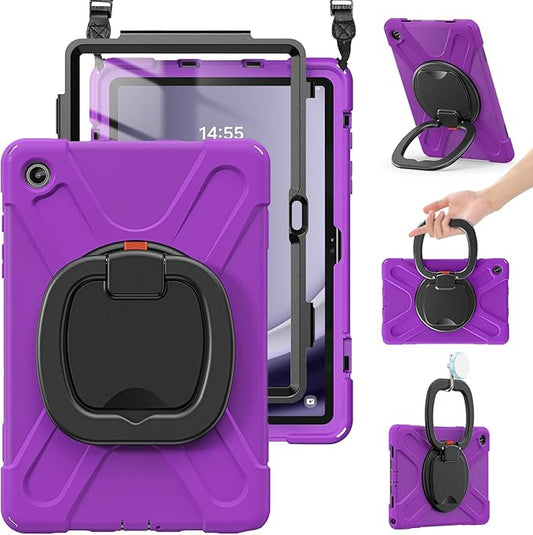 BRAECN Case for Samsung Galaxy Tab A9+/ A9 Plus 11 Inch 2023 SM-X210/X216/X218 with Screen Protector, Rotating Handle Grip, Shoulder Strap, Silicone Heavy Duty Case for Galaxy A9 Plus Tablet, Purple