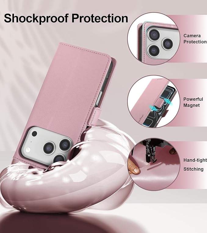 Wallet Flip Case for iPhone 17 Pro 5G - [RFID Blocking] Luxury PU Leather Card Holder Magnetic Phone Cover with Kickstand,Shockproof Protective Case,Pink