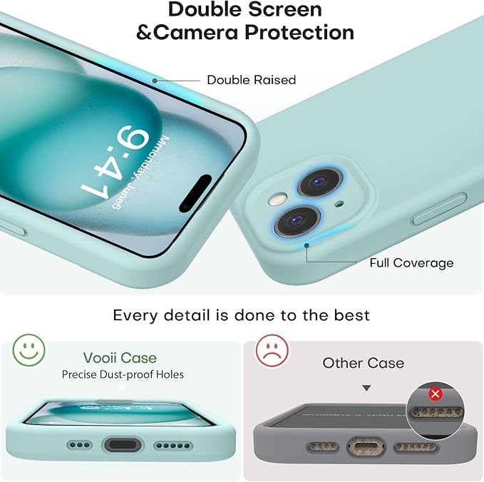 Vooii Compatible with iPhone 15 Case, Upgrade Defender Liquid Silicone, [Enhanced Camera Protection] [Soft Anti-Scratch Microfiber Lining] Shockproof Phone Case for iPhone 15 6.1 inch - Mint