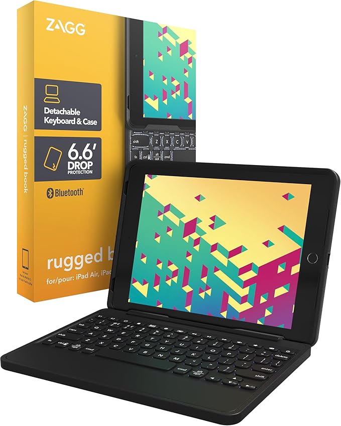 ZAGG Rugged Book Detachable Case and Magnetic-Hinged Keyboard for iPad Air, iPad Air 2, iPad 9.7, iPad 9.7 Pro - Multi-Device Bluetooth Pairing, Backlit Keyboard - USB-C to USB-C Cable Included, Black