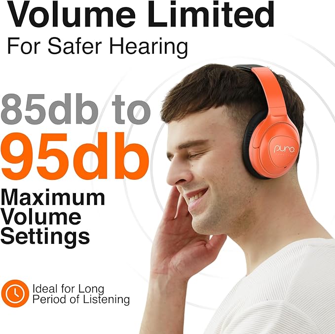 Puro Sound Labs PuroPro Hybrid Active Noise Cancelling Headphones, Volume Limiting, Hi-Res Audio, 32h Playtime, Wireless Over Ear Headphones with Mic, Comfortable Fit, Ideal for Travel & Work – Orange