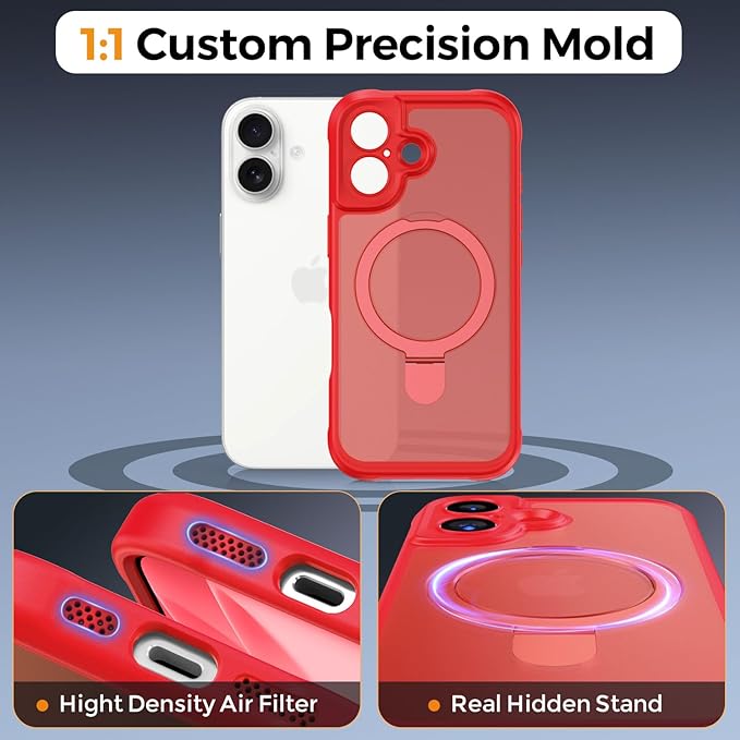 MOCCA Compatible with iPhone 17 Case with Magnetic Invisible Stand [Full Camera Protection] [Compatible with Magsafe] Military Drop Shockproof Translucent Matte Phone Case Cover 6.3",Red