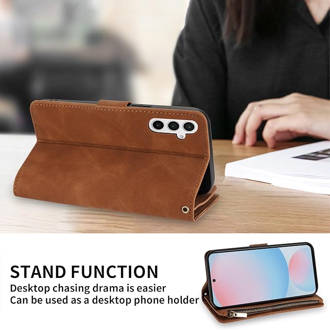 ZZXX for Samsung Galaxy S24 FE Wallet Case with RFID Blocking Card Slot PU Leather Zipper Flip Folio with Strap Kickstand Protective Cover for Samsung Galaxy S24 FE Case Wallet(Brown-6.7 inch)