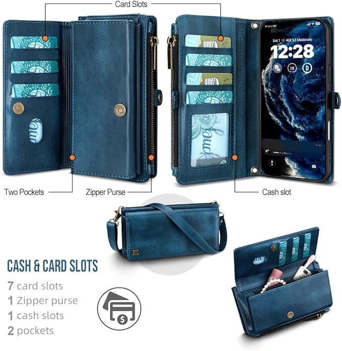 for iPhone 17 Wallet Phone Case with 7 Card Holder,RFID Blocking | PU Leather | Kickstand | Flip | Wrist Strap&Shoulder Strap | Shockproof | Zipper Wallet | Women Men | 6.3" | Blue