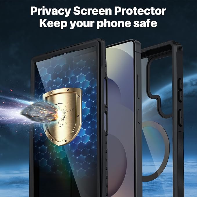 CENHUFO Magnetic Privacy for Samsung Galaxy S25 Ultra Case, Full Body Phone Case with Built-in 9H Tempered Glass Privacy Screen Protector and Camera Lens Cover, Shockproof Protective Bumper -Black