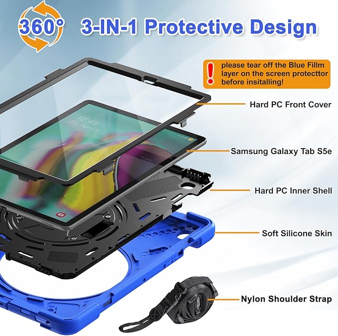 BRAECNstock for Samsung Galaxy Tab S5e Case 10.5 inch 2019 (SM-T720/T725/T727) Shockproof Samsung Tab S5e Tablet Kids Case with Screen Protector 360° Rotating Stand & Hand Strap Pen Holder - Blue