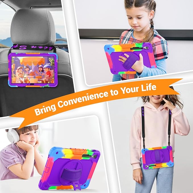 SEYMAC Case for Samsung Galaxy Tab S10 Lite/ S10 FE/ S9 FE/ S9 5G (10.9''/11''), Heavy Duty Shockproof Protective Case with Screen Protector, Rotating Stand, Hand Strap and Pen Holder, Purple