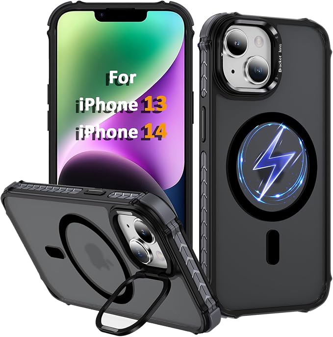 Magnetic for iPhone 14 Case/iPhone 13 Case Black with MagSafe Wireless Charging Military-Grade Shockproof Protection Adjustable Kickstand Slim Matte Anti-Fingerprint Cover Men Women