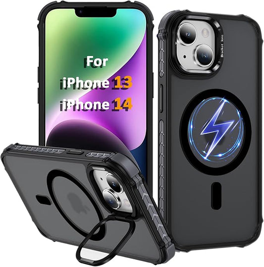 Magnetic for iPhone 14 Case/iPhone 13 Case Black with MagSafe Wireless Charging Military-Grade Shockproof Protection Adjustable Kickstand Slim Matte Anti-Fingerprint Cover Men Women