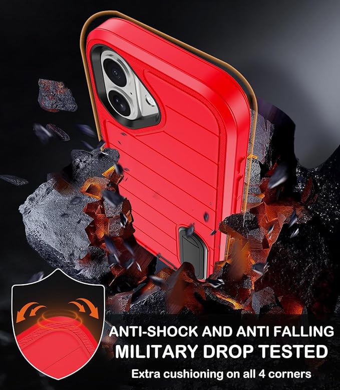 for iPhone 16 Case with 2 Screen Protectors,Heavy Duty Shockproof Drop Protection Military Grade Tri-Layer Rugged Cell Phone Cover with Built-in Invisible Kickstand for Apple 16 6.1“ (Red)