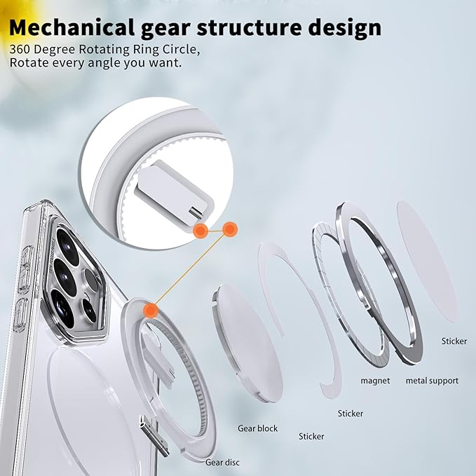 Magnetic Stand Case for Samsung Galaxy S25 Ultra [with 2 Tempered Glass Film] [360° Rotation Magnetic Stand] [Compatible with Magsafe] Military-Grade Drop Protection Case, Clear