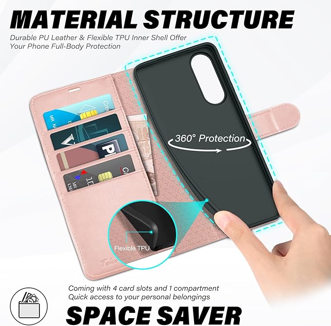 TUCCH Wallet Case for Galaxy S25 Edge, Magnetic PU Leather Stand [RFID Blocking] [4 Credit Card Holders] Flip Cover with [TPU Shockproof Interior Case] Compatible with Galaxy S25 Edge 6.7", Rose Gold