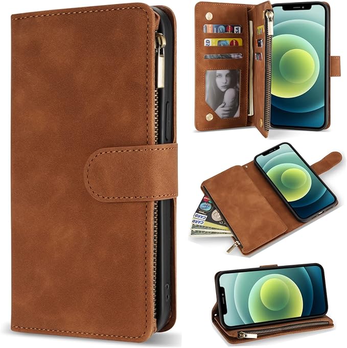 ZZXX for iPhone 12 Mini Wallet Case with Card Slot Premium Soft PU Leather Zipper Flip Folio Wallet with Wrist Strap Kickstand Protective for iPhone 12 Mini Case Wallet(Brown 5.4 inch)