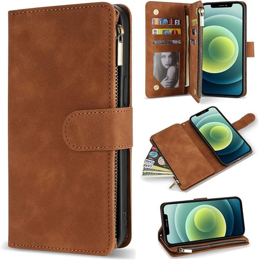 ZZXX for iPhone 12 Mini Wallet Case with Card Slot Premium Soft PU Leather Zipper Flip Folio Wallet with Wrist Strap Kickstand Protective for iPhone 12 Mini Case Wallet(Brown 5.4 inch)