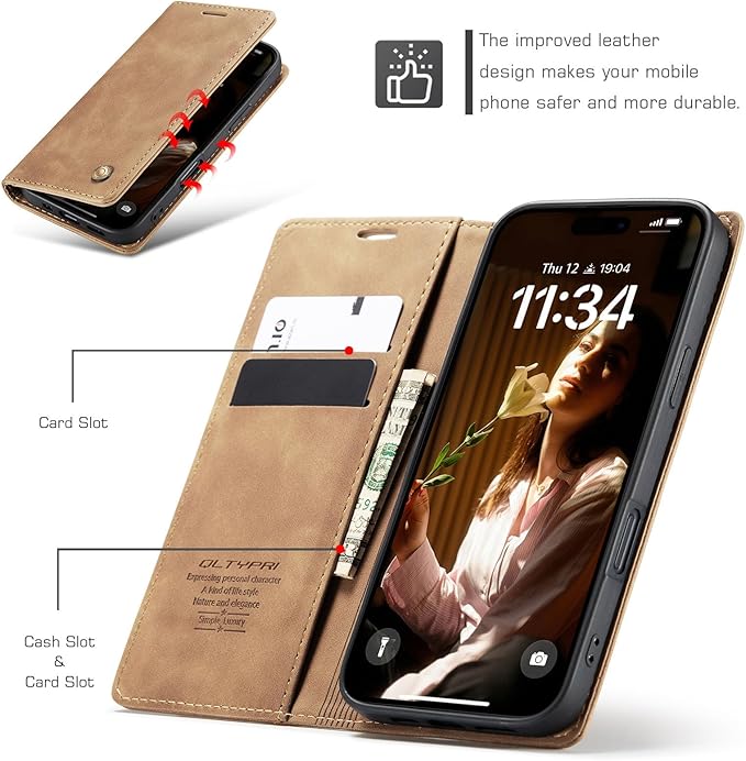 QLTYPRI for iPhone 16 Pro Max Case Wallet with Card Holder, Vintage PU Leather Kickstand Magnetic Closure Shockproof Folio Book Cover Case for iPhone 16 Pro Max - Brown