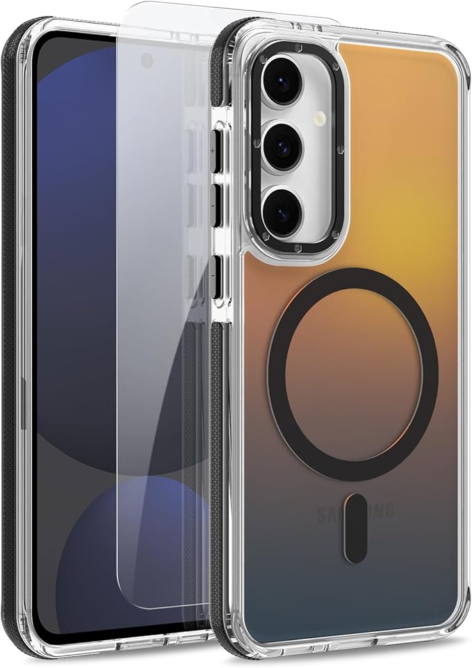 MOWIME Magnetic Case for Samsung Galaxy S24 FE [Compatible with Magsafe] [Cute Fashion Fluorescent Design] [1 Screen Protector] Slim Translucent Matte Case for Galaxy S24 FE 6.7", Black