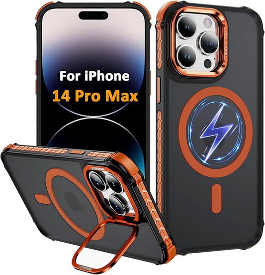 Magnetic for iPhone 14 Pro Max Case Orange with MagSafe Wireless Charging Heavy Duty Military-Grade Shockproof Protection Adjustable Kickstand Slim Matte Anti-Fingerprint Cover Men Women