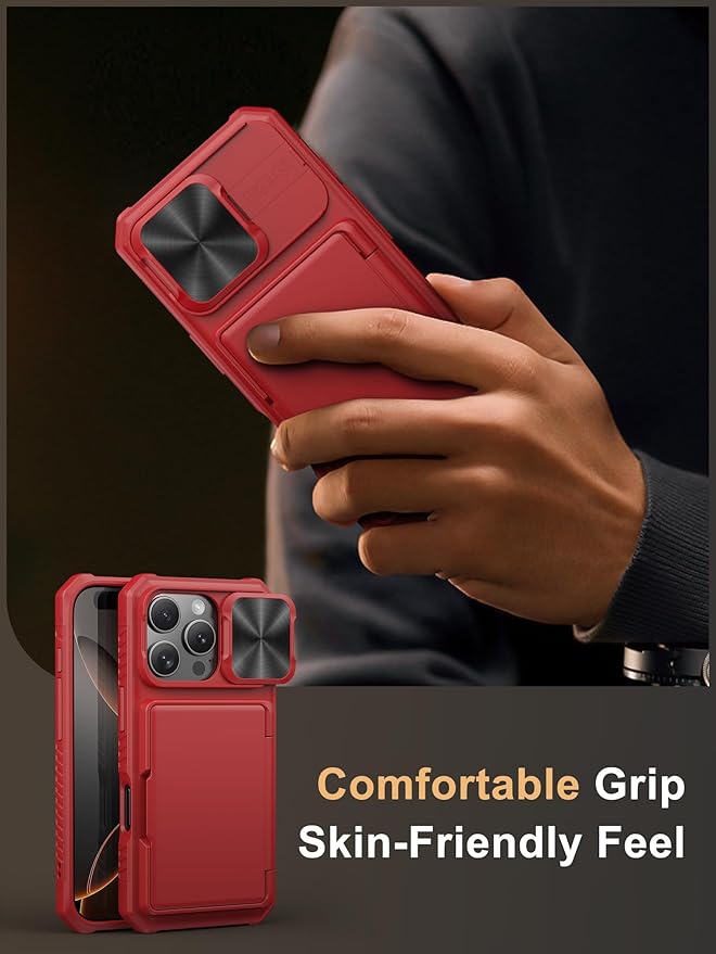 Vihibii for iPhone 16 Pro Wallet Case with Card Holder (4 Cards) [RFID Blocking] & Slide Camera Cover & Raised Edges Protect Screen, Shockproof Rugged Phone Cover for iPhone 16 Pro 5G 6.3" 2024, Red
