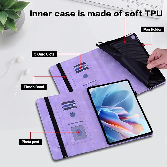 Case for Lenovo Yoga Tab Plus 12.7" 2025 PU Leather Flip Folio Tablet Case with Elastic Band & Card Slots/Holder, Multi-Angle Viewing Stand Cover, Purple