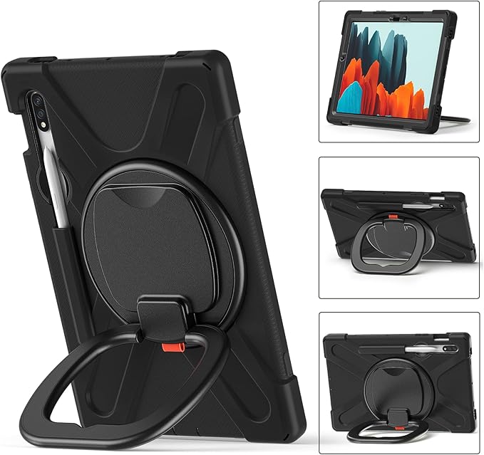 360 Rotation Portable Case for Galaxy Tab S8 11" / Galaxy Tab S7 11 inch Case with S Pen Holder Rugged Case Rotating Stand Hand Strap Shoulder Carrying Strap Outdoor Cover (Black)