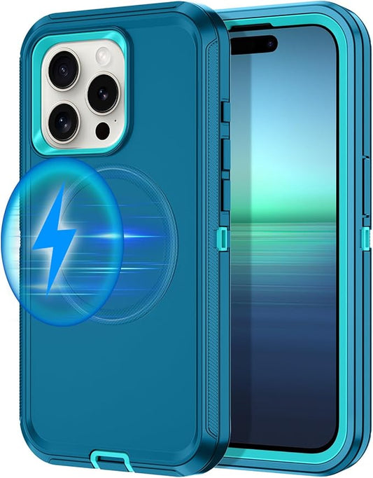 for iPhone 15 Pro Max Case [Compatible with MagSafe] Shockproof 3-Layer Full Body Protection Rugged Heavy Duty Cover Case for Apple iPhone 15 Pro Max 6.7",Turquoise