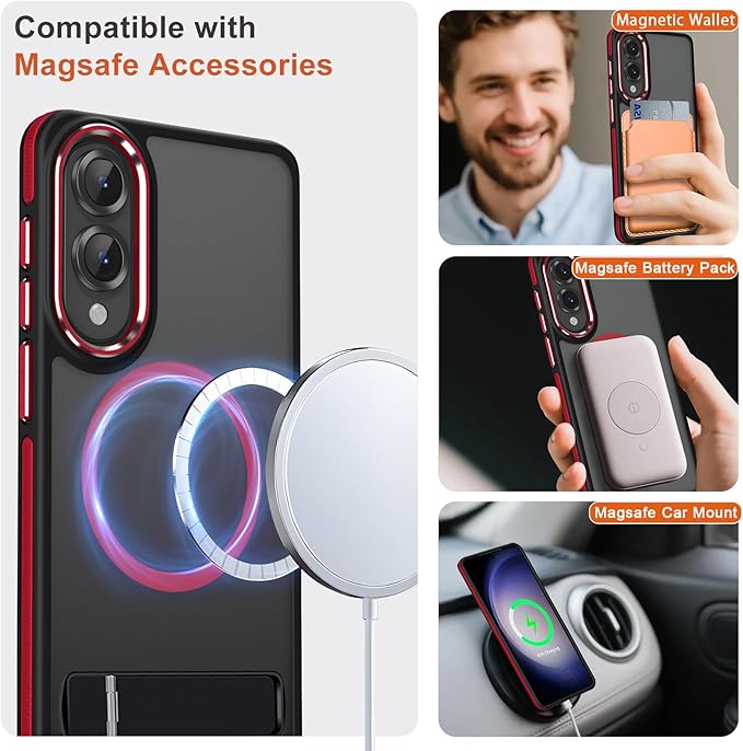 for Samsung Galaxy S25 Edge Case, Non-Slip Phone Case with Invisible Kickstand [Fits for Magsafe], Ultra Slim Translucent Cover for Galaxy S25 Edge, Mil-Grade Drop Protection (Black/Red)