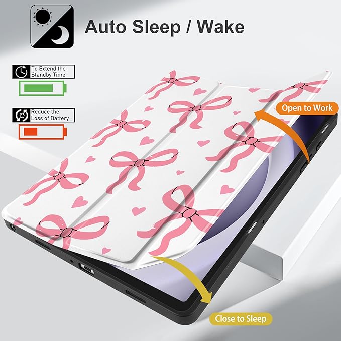 MEEgoodo Case for Samsung Galaxy Tab A9 Plus 11 inch Cover 2024 2023 with S Pen Holder, A9+ Smart Tablet Cases with Leather Trifold Stand+Soft TPU Back Shell+Smart Auto Wake/Sleep, Pink Bows