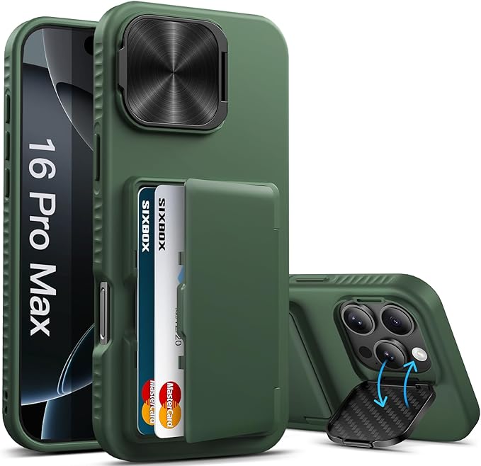 for iPhone 16 Pro Max Case with Card Holder & Lens Cover & Kickstand, Military Grade Drop Tested Soft Silicone Edge Rugged Protective Wallet Phone Case for iPhone 16 Pro Max 6.9", Green