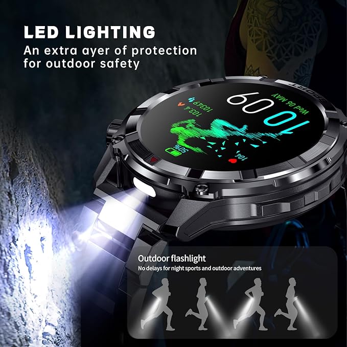 Smart Watches for Men with Bluetooth&Flashlight,1.52" IP68 Waterpro Men's Smart Watch,500mAh 100+ Sport Modes with Heart Rate/Sleep Monitor Fitness Trackers Compatible Android iOS(2 Straps)