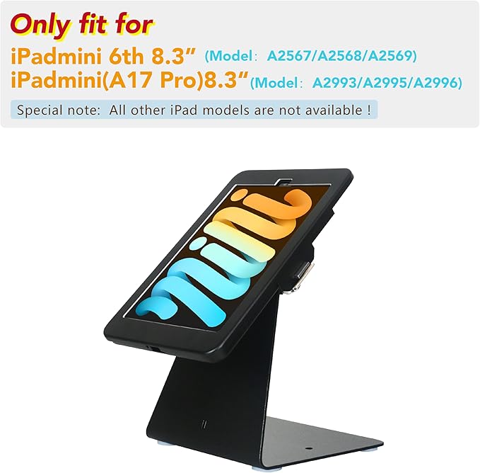 Desktop Anti-Theft Security Kiosk Stand Holder for iPad Mini 7 A17 Pro 2024 8.3"/ iPad Mini 6 2021 8.3",with Lock & Key,Flip &360°Rotating Horizontal or Vertical Design(Black)