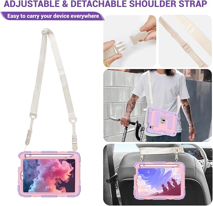 DreamerX for iPad mini 7 (A17 Pro) 2024 / Mini 6 2021 8.3 Inch Case, Rugged Shockproof Child Protective Cover with Stand Shoulder Strap Pencil Holder for Kids Girls Boys iPad mini 7th/6th Gen, Purple