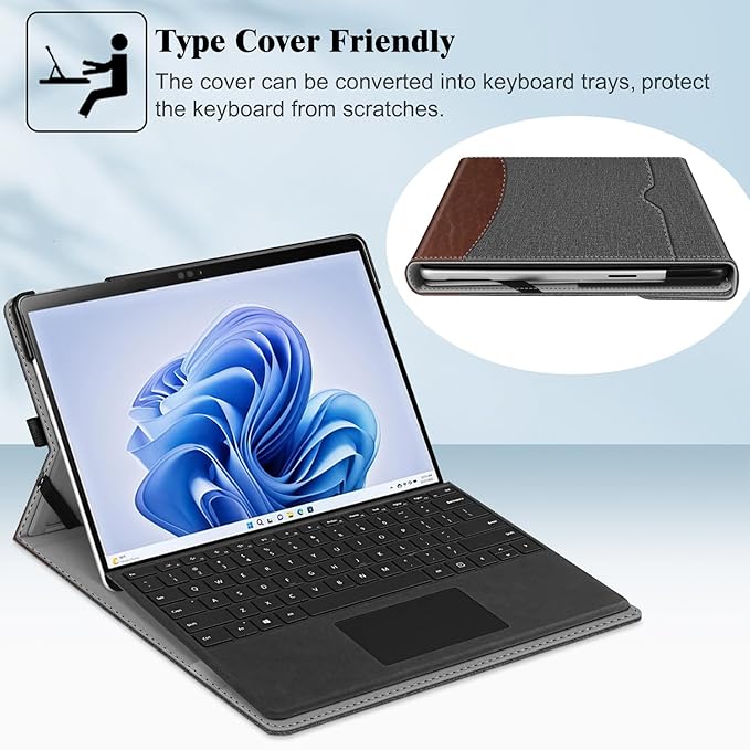 Fintie Case for 13 Inch Microsoft Surface Pro 11/10/9 - Multiple Angle Viewing Portfolio Business Cover with Pocket & Stylus Holder, Compatible with Type Cover Keyboard, Gray/Brown