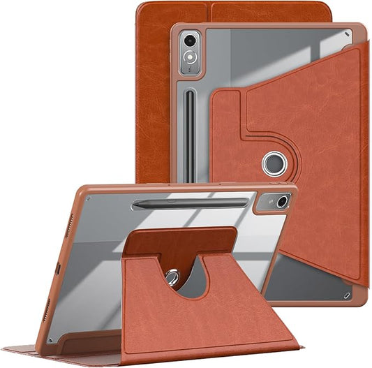 Case for Lenovo Tab P12 12.7 Inch 2023 Tablet,360° Rotating Transparent Back Shell Protective Case with Auto Wake/Sleep Function,Brown