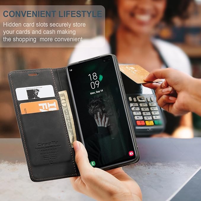 for Samsung Galaxy S10 Plus Case, Flip Wallet Leather Case with Card Holder Magnetic Closure Shockproof Kickstand Protective Phone Cases Cover for Samsung S10 Plus,Black