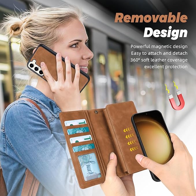 TwoHead for Samsung Galaxy S23 Plus Wallet Case with Card Holder,Detachable Magnetic Phone Case for Galaxy S23 Plus,PU Leather All-Round Protective Phone Cover Wallet with Strap(6.6 in, Brown)