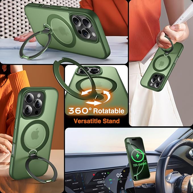 360° O-Ring MagStander for iPhone 16 Pro Case with Magnetic Kickstand Ring Holder [Compatible with MagSafe][360°Rotate Stand Ring][Military Shockproof] iPhone 16 Pro Phone Cover Matte Green