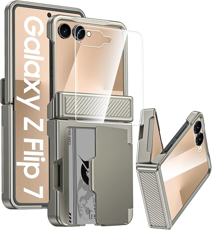 for Samsung Galaxy Z Flip 7 Case Wallet RFID Card Holder&Hinge Protection&HD Screen Protector, Full Body Shockproof Cover for Galaxy Z Flip 7(Natural Titanium)