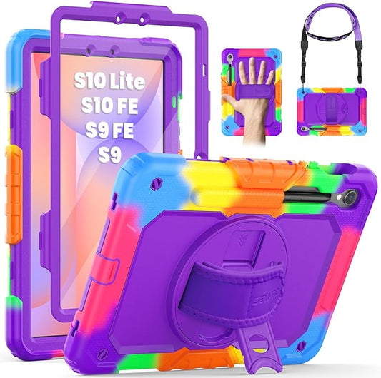 SEYMAC Case for Samsung Galaxy Tab S10 Lite/ S10 FE/ S9 FE/ S9 5G (10.9''/11''), Heavy Duty Shockproof Protective Case with Screen Protector, Rotating Stand, Hand Strap and Pen Holder, Purple