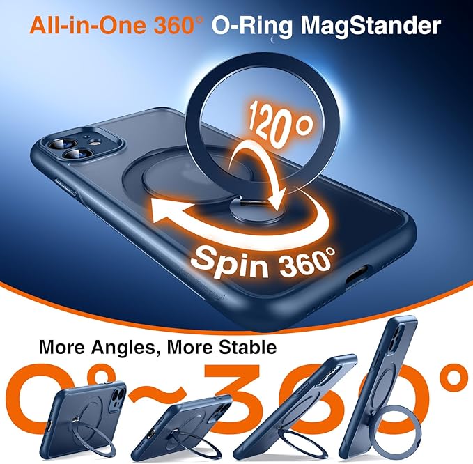 360° O-Ring MagStander for iPhone 11 Case with Magnetic Kickstand Ring Holder [Compatible with MagSafe][360°Rotate Stand Ring][Military Shockproof] Magnet iPhone 11 Phone Cover Matte Blue