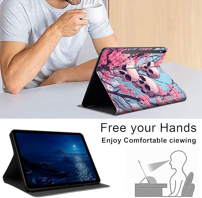 Case for Samsung Galaxy Tab S10 FE/ S9 FE 5G 10.9 Inch/Tab S9 11 Inch, Slim PU Leather Stand Cover with Auto Wake/Sleep, Multi-Angle Viewing & Shockproof, Three Skulls