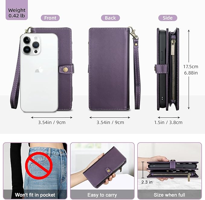 TwoHead Wallet Case Compatible with iPhone 15 Pro Max,Detachable Magnetic Phone Case,All-Round Shockproof Protective Leather Phone Case with Card Holder,6.7 in,Deep Purple